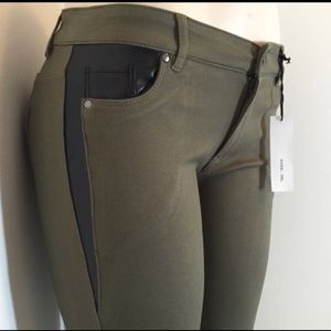 Military Green Leggings Leather-Like Inserts